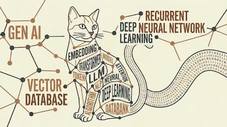 Visuel « Donner sa langue au chat » : un chat dessiné avec les mots-clés de l'IA (LLM, embedding, transformer, deep learning)