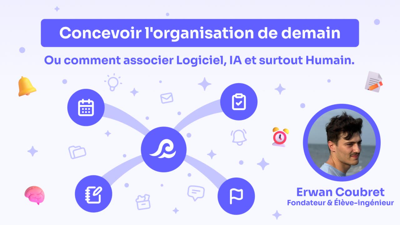 Visual for the talk "Designing tomorrow's organisation, or how to bring together software, AI and, above all, people": diagram of Flots features (calendar, tasks, notes, projects) around its logo, and portrait of Erwan Coubret, founder and engineering student